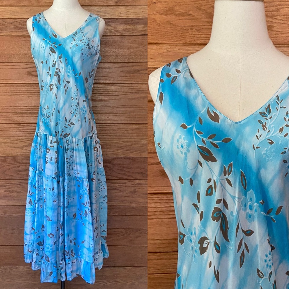 Y2K vintage silk Lynn Ritchie floral tiered brown and blue maxi dress